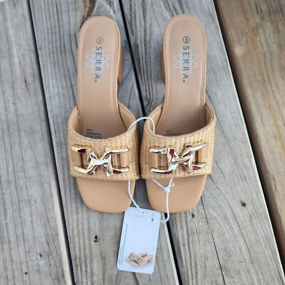 Serra Brown Block Heel Woven Design Gold Buckle Sandles Womens Size 9